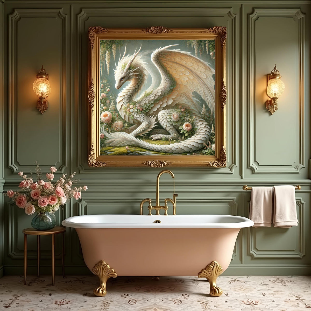 Ivory Garden Dragon Art Print: Vintage Floral Fantasy Wall Art (Digital Download)