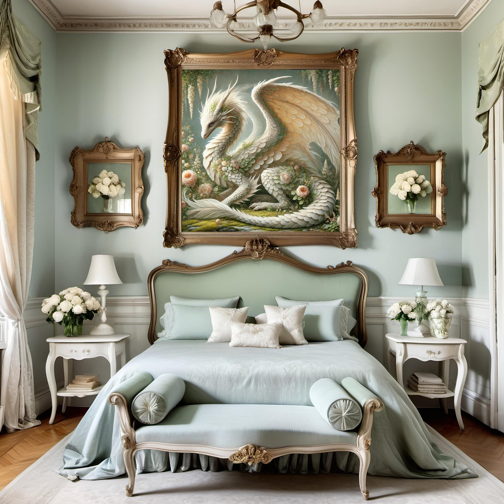 Ivory Garden Dragon Art Print: Vintage Floral Fantasy Wall Art (Digital Download)