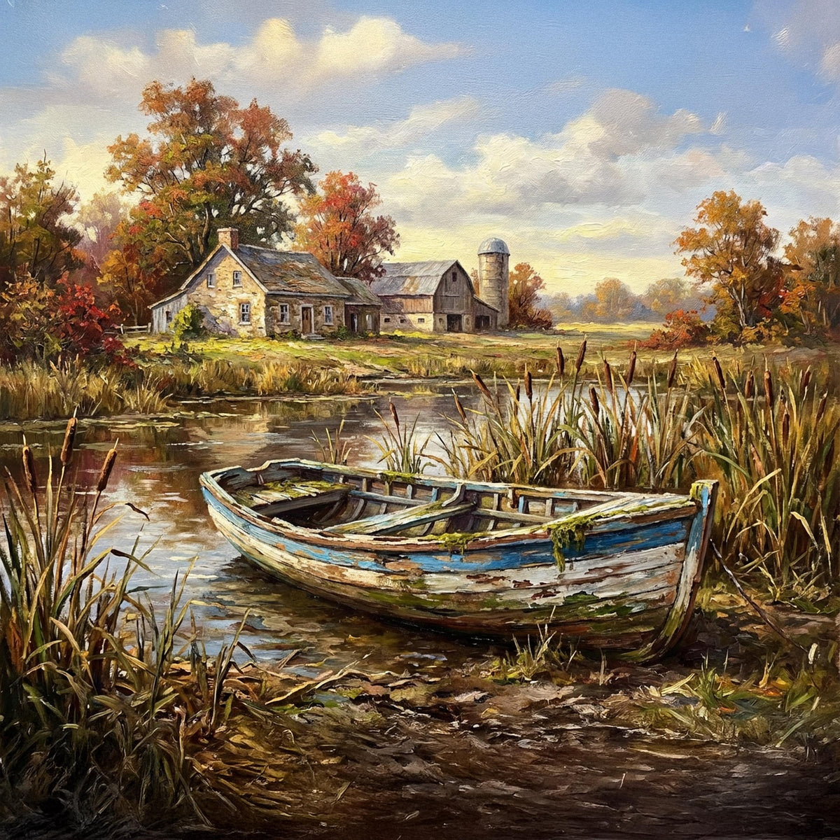 Farm Pond Rowboat Art Print: Rustic Autumn Landscape (Digital Download)