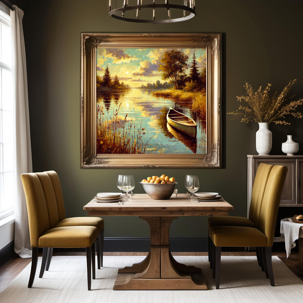 Canoe Sunset Oil Painting | Vintage Lake Art (Digital Download)
