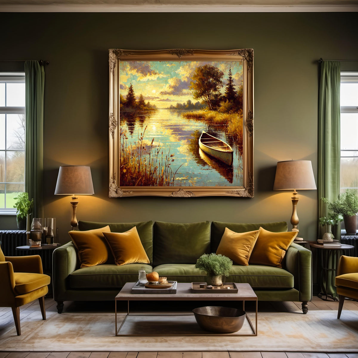 Canoe Sunset Oil Painting | Vintage Lake Art (Digital Download)