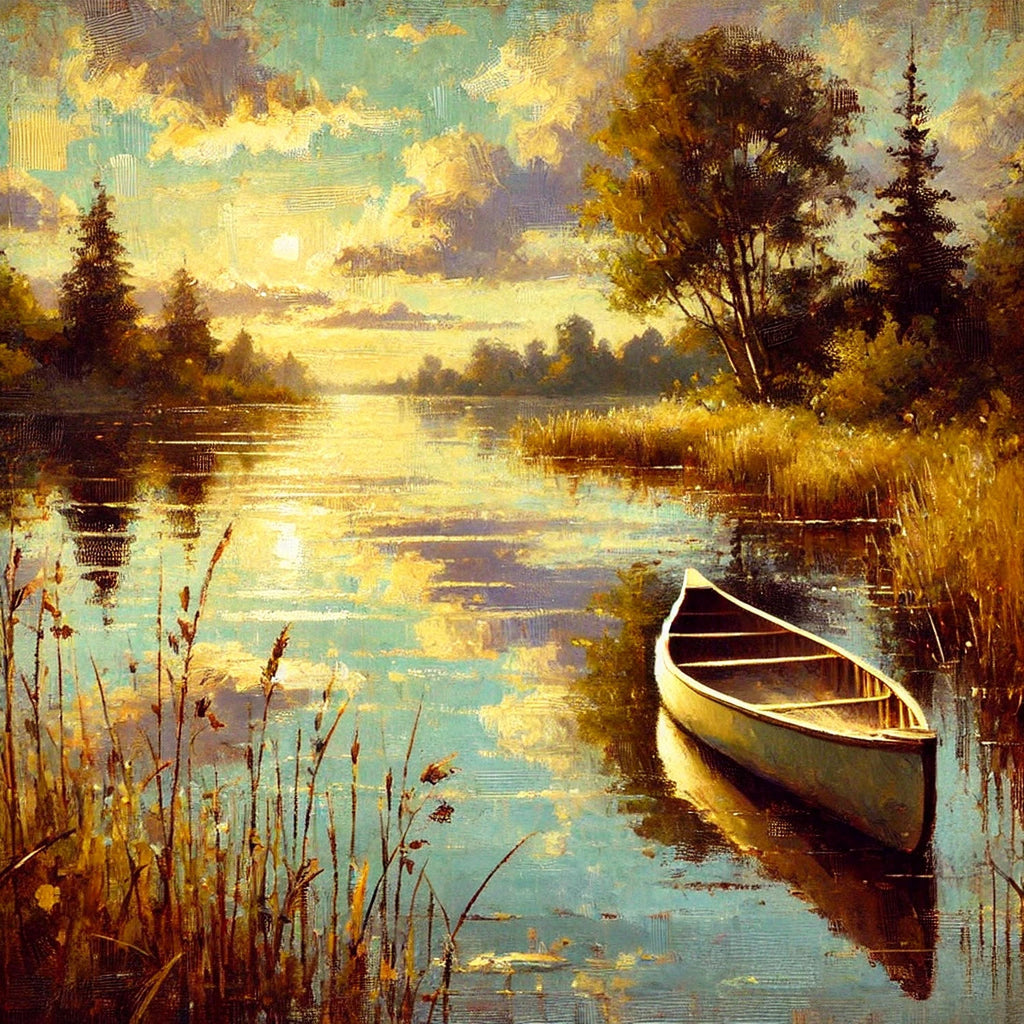 Canoe Sunset Oil Painting | Vintage Lake Art (Digital Download)