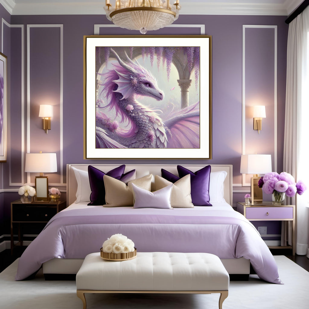 Lavender Dragon Portrait Art, Floral Fantasy Oil Painting (Digital Download)