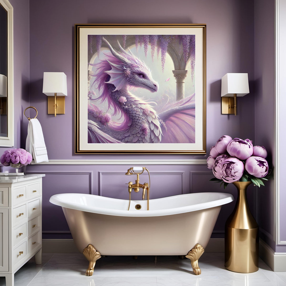 Lavender Dragon Portrait Art, Floral Fantasy Oil Painting (Digital Download)