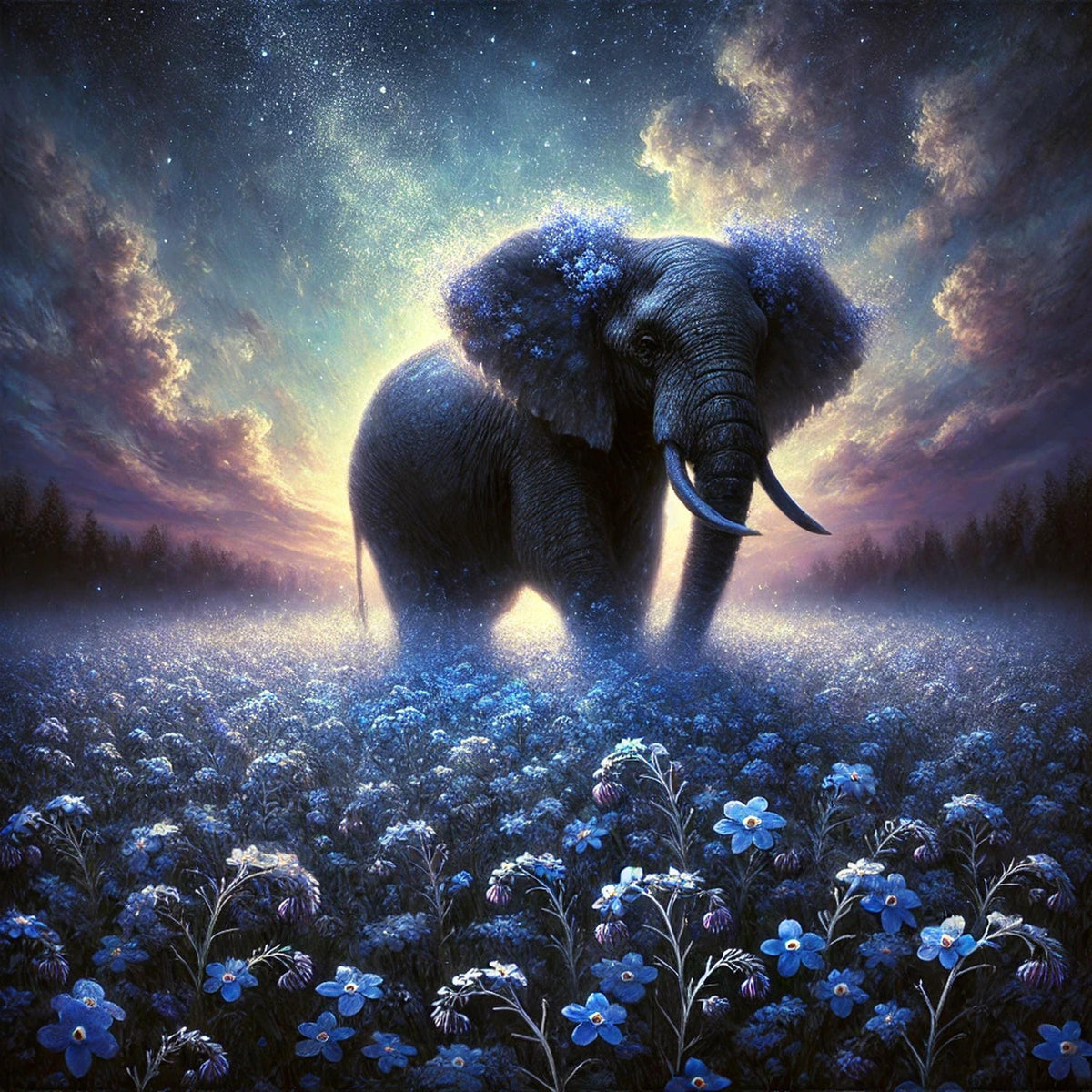 Blue Elephant Art Print, Forget-Me-Not Field, Nursery Decor (Digital Download)