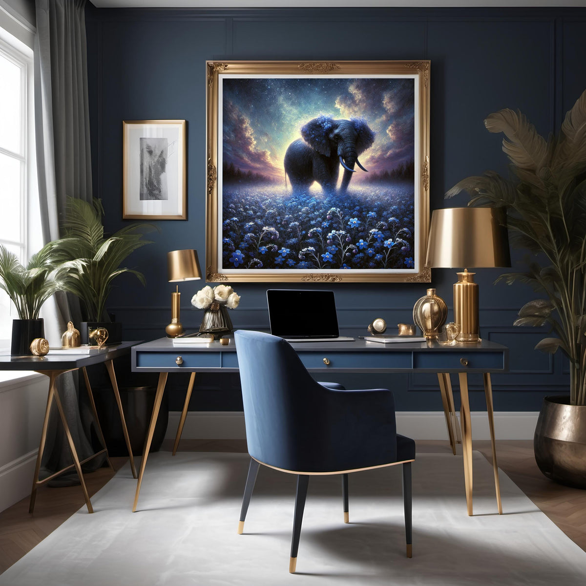 Blue Elephant Art Print, Forget-Me-Not Field, Nursery Decor (Digital Download)