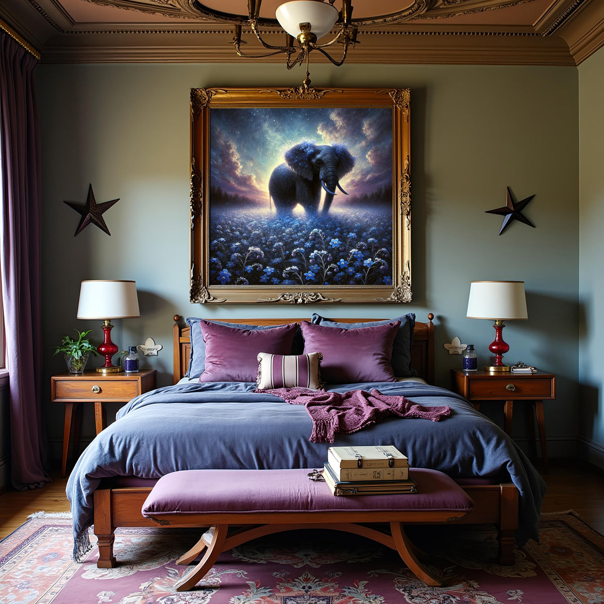 Blue Elephant Art Print, Forget-Me-Not Field, Nursery Decor (Digital Download)