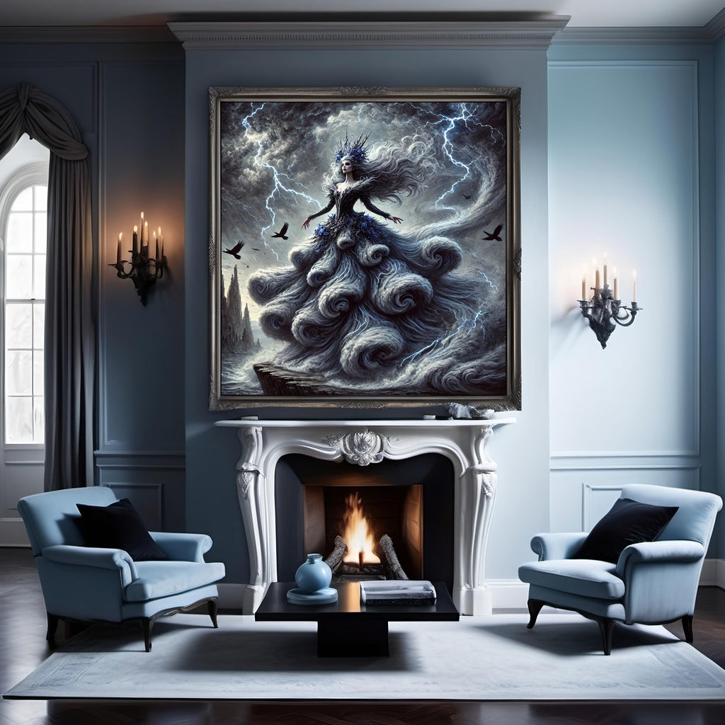 The Storm Queen Painting: Ethereal Fantasy Goddess Wall Art Powerful Elemental Portrait (Digital Download)