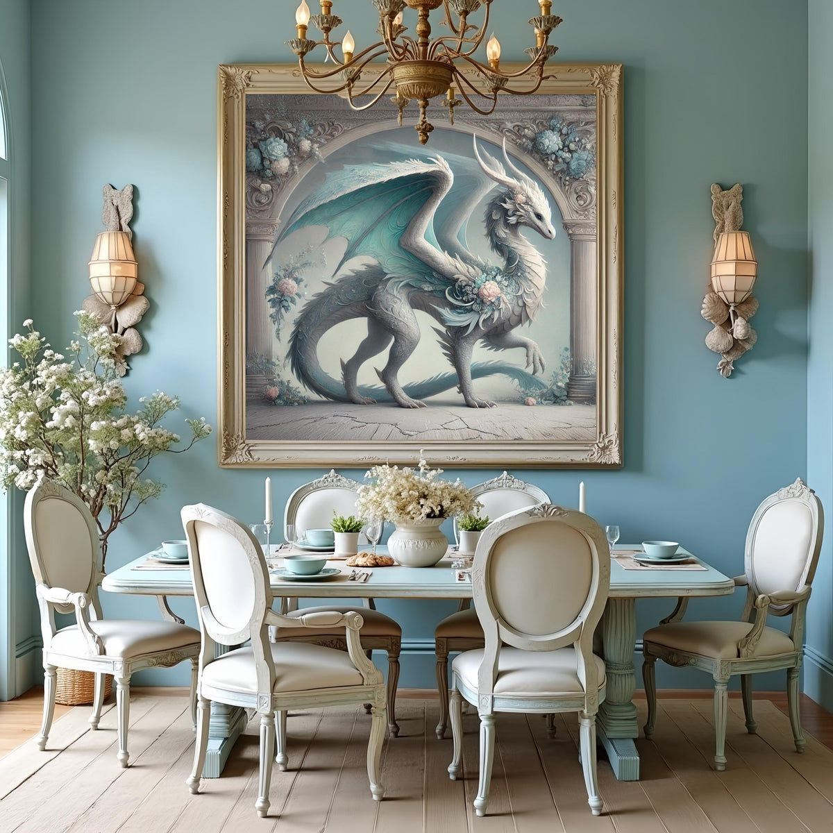 Teal Winged Dragon Art Print, Vintage Fantasy Home Decor (Digital Download)