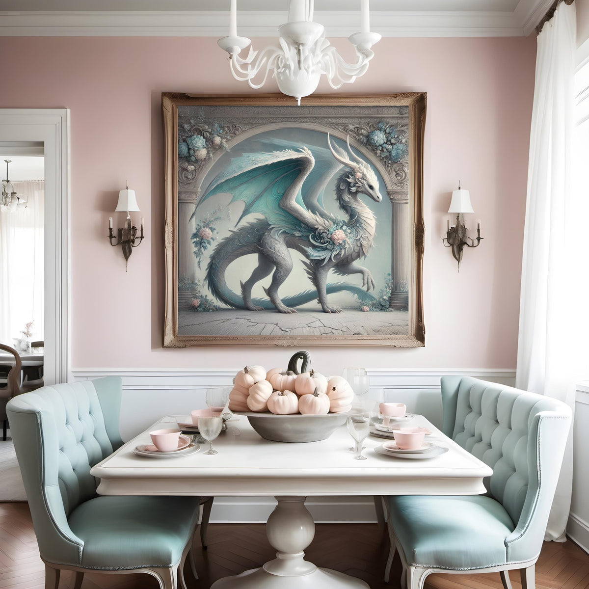 Teal Winged Dragon Art Print, Vintage Fantasy Home Decor (Digital Download)