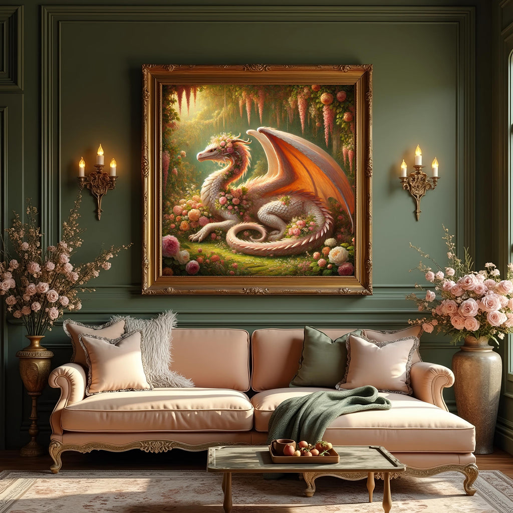 Rose Gold Dragon Art Print, Floral Fantasy Home Decor (Digital Download)