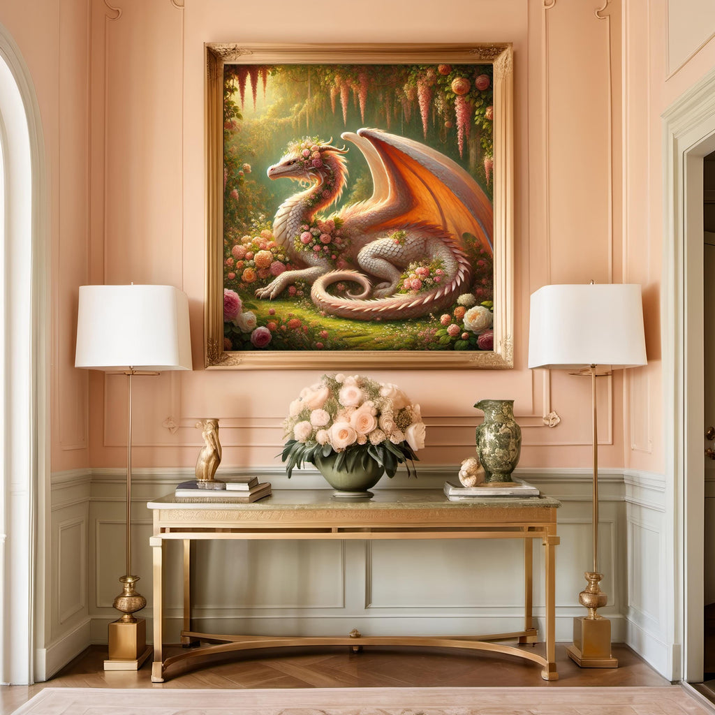 Rose Gold Dragon Art Print, Floral Fantasy Home Decor (Digital Download)