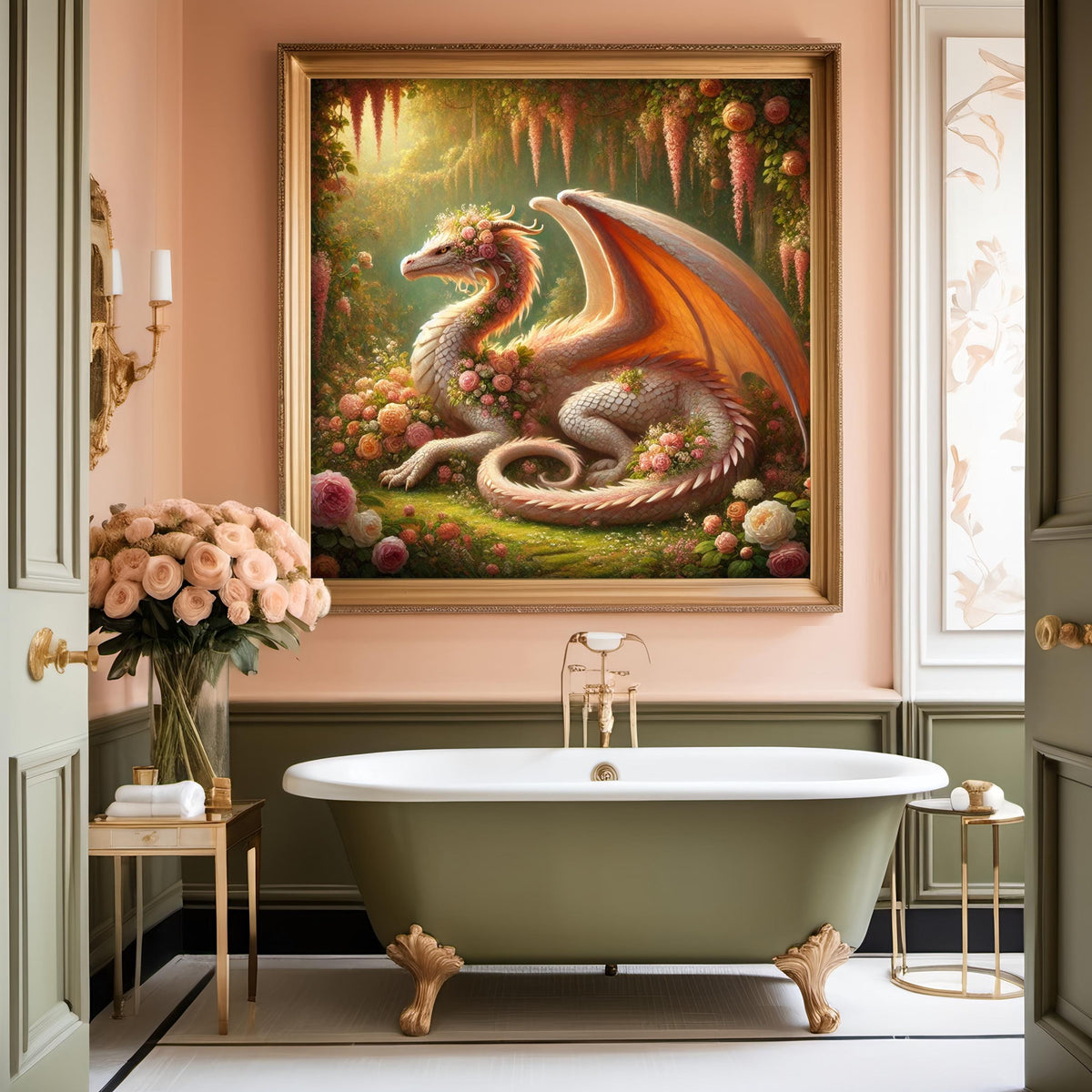 Rose Gold Dragon Art Print, Floral Fantasy Home Decor (Digital Download)
