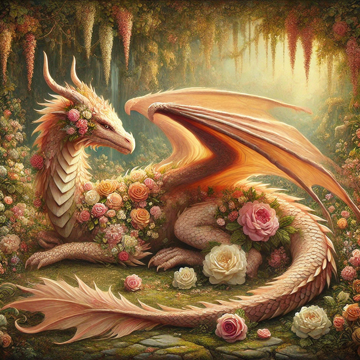 Floral Dragon Art Print | Golden Rose Garden Fantasy (Digital Download)