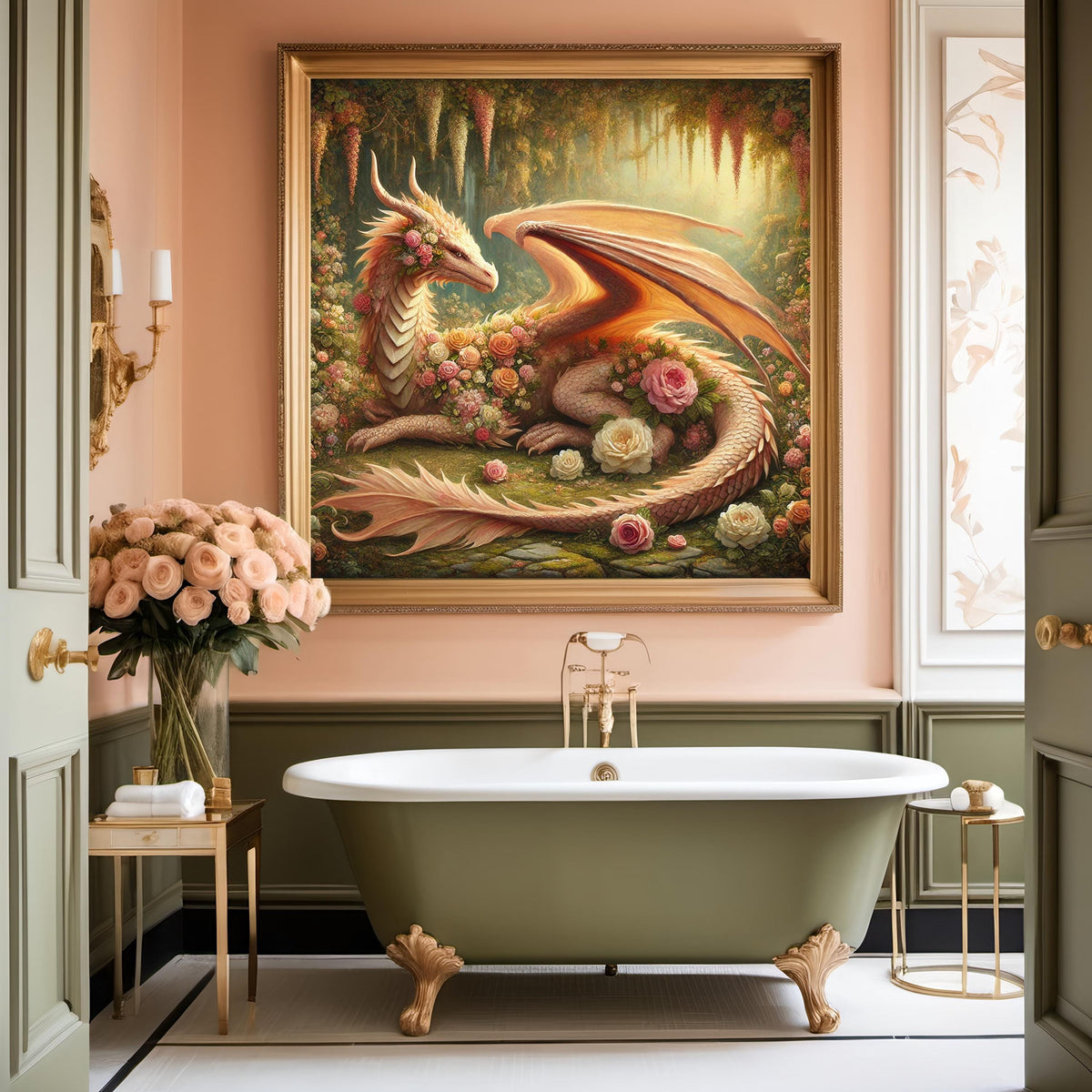 Floral Dragon Art Print | Golden Rose Garden Fantasy (Digital Download)