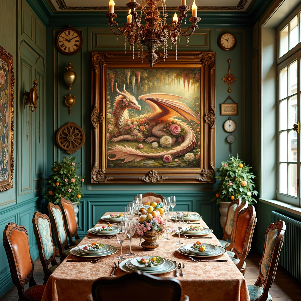 Floral Dragon Art Print | Golden Rose Garden Fantasy (Digital Download)