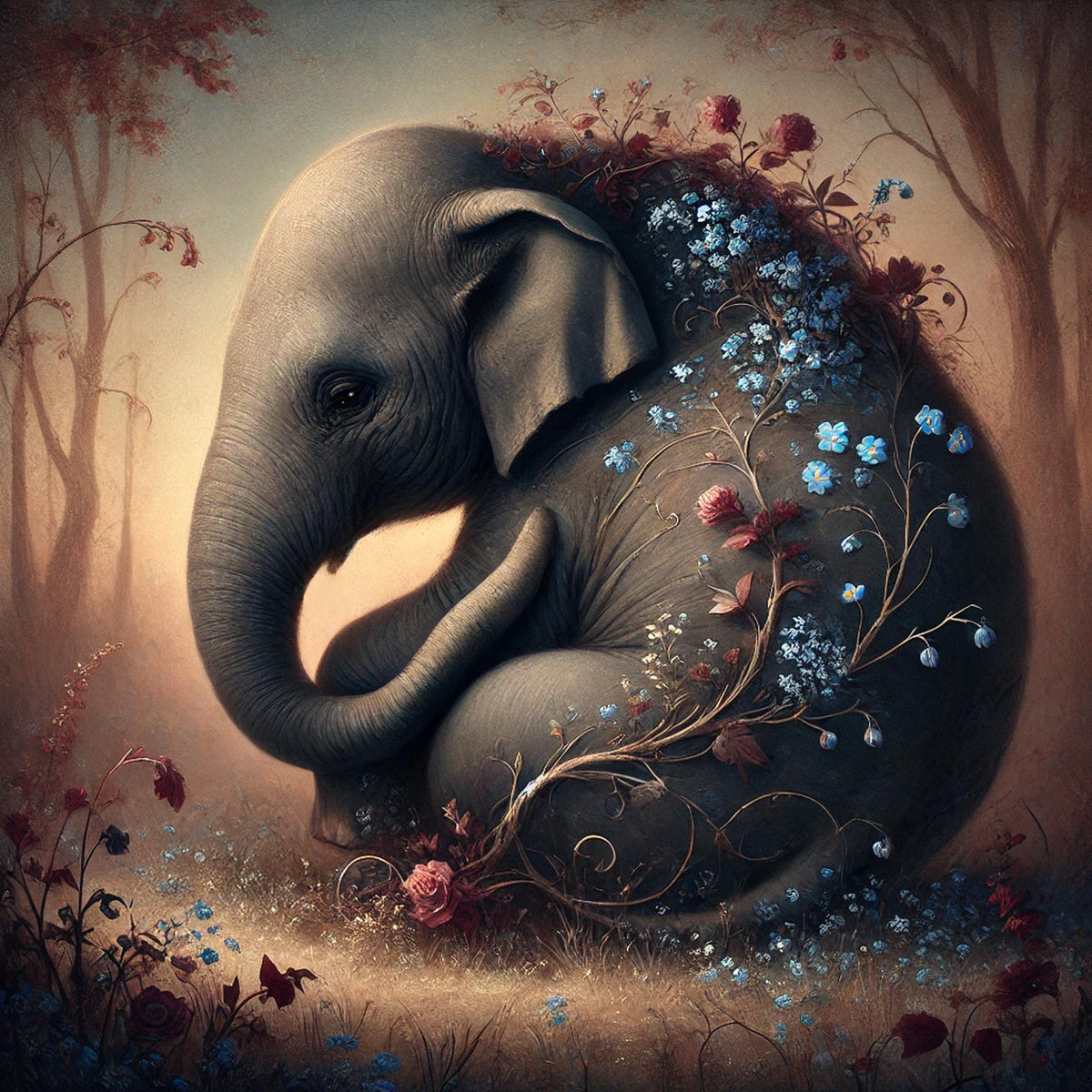 Floral Elephant Portrait, Dreamy Oil Painting Style (Digital Download)