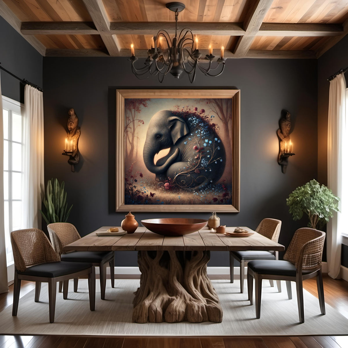 Floral Elephant Portrait, Dreamy Oil Painting Style (Digital Download)