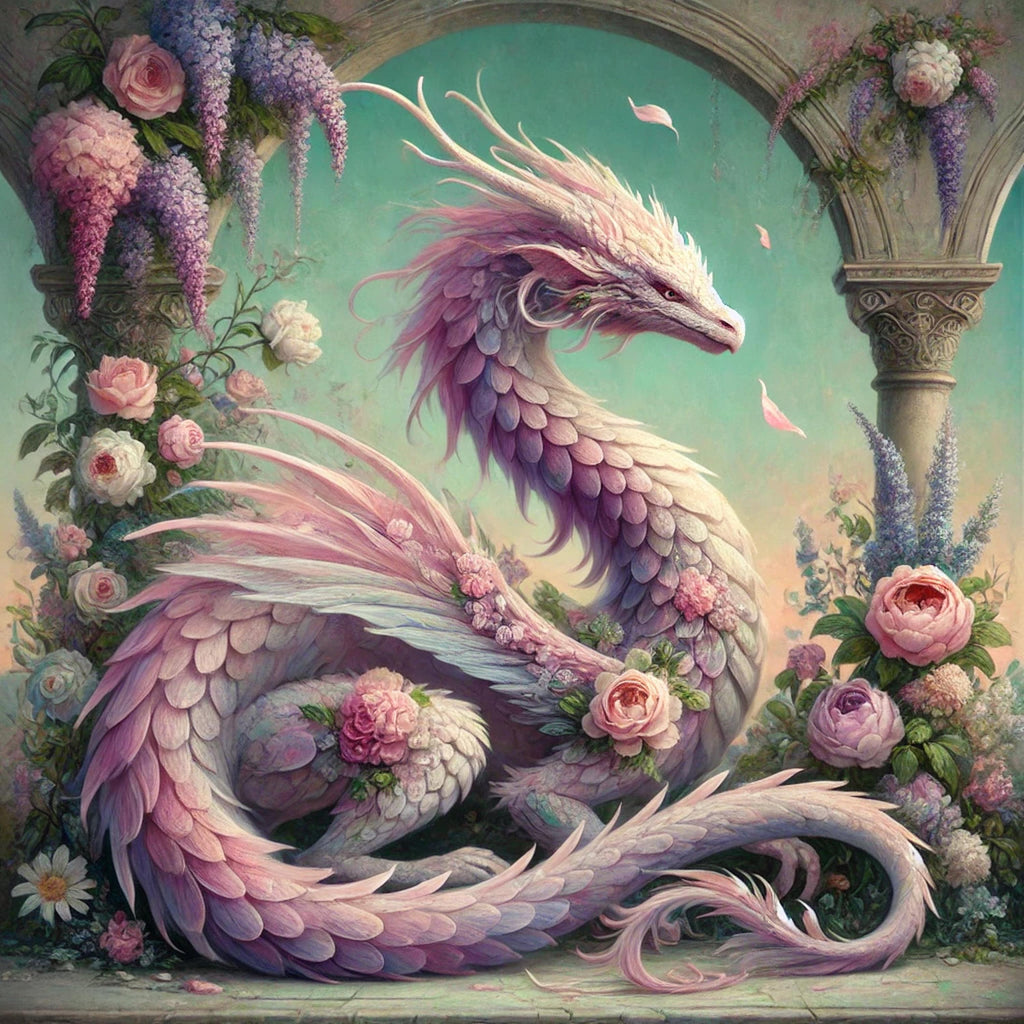 Pink Rose Dragon Art Print, Vintage Floral Fantasy (Digital Download)