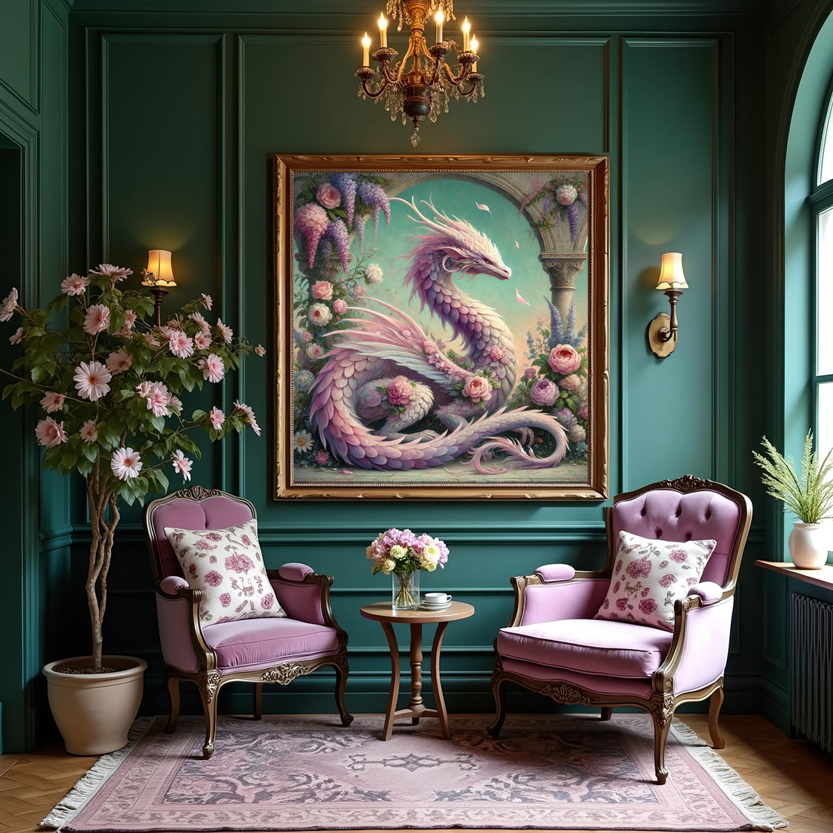 Pink Rose Dragon Art Print, Vintage Floral Fantasy (Digital Download)