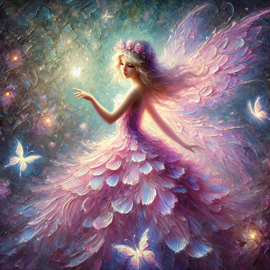 Luminous Pixie in Pink Petal Dress: Ethereal Fairy Wall Art (Digital Download) 2