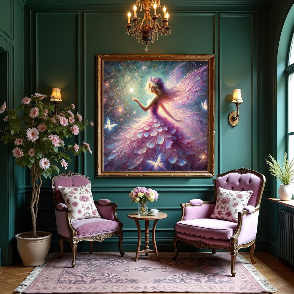 Luminous Pixie in Pink Petal Dress: Ethereal Fairy Wall Art (Digital Download) 2
