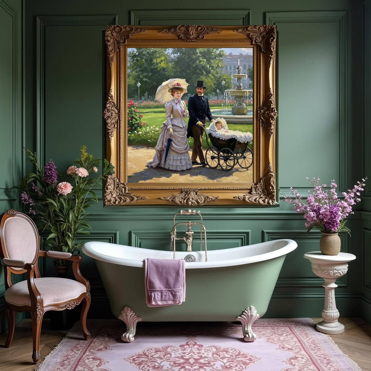 Victorian Family Oil Painting: Stroll Through Rose Garden (Digital Download)