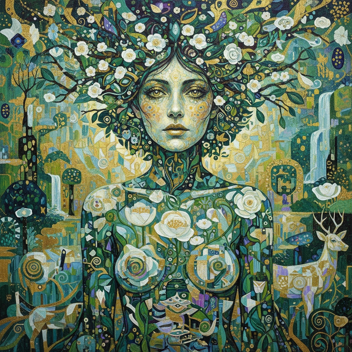 Klimt Inspired Forest Goddess Wall Art: Symbolic Nature Woman Portrait (Digital Download)