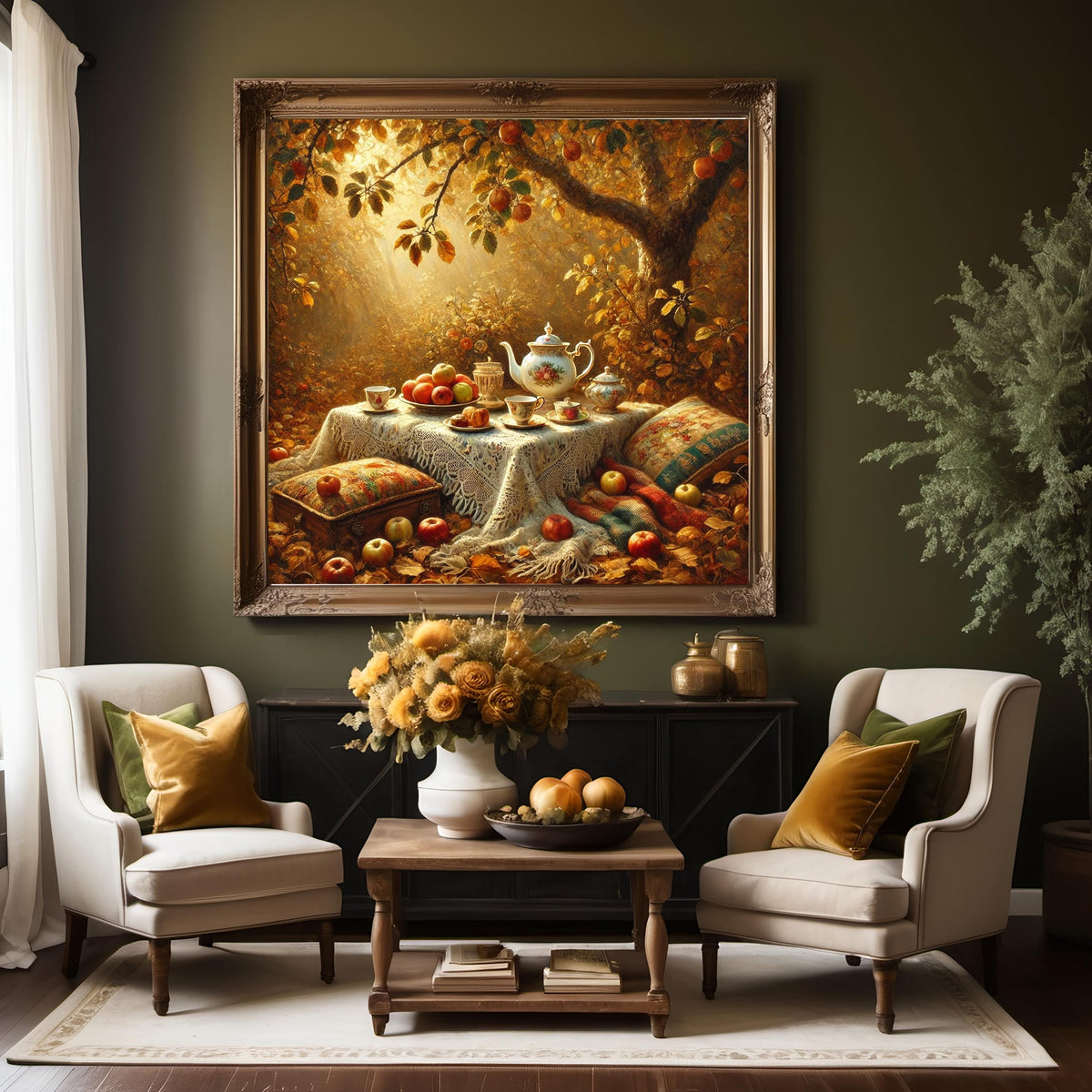 Autumn Tea Party Oil Painting: Vintage Still Life, Cottagecore Wall Decor (Digital Download)
