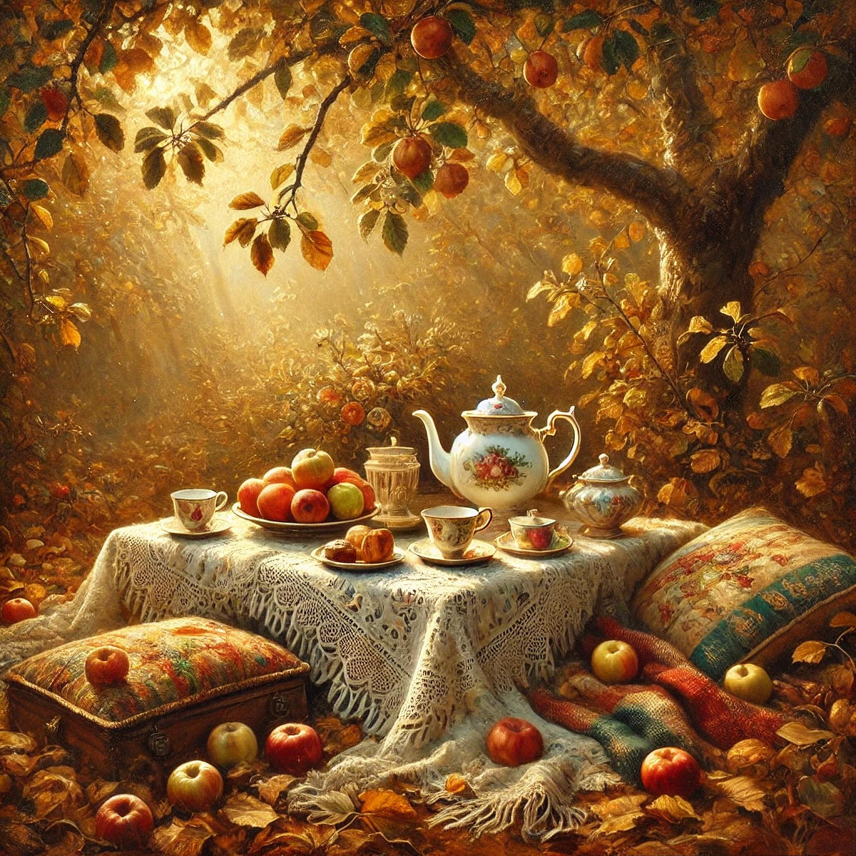 Autumn Tea Party Oil Painting: Vintage Still Life, Cottagecore Wall Decor (Digital Download)