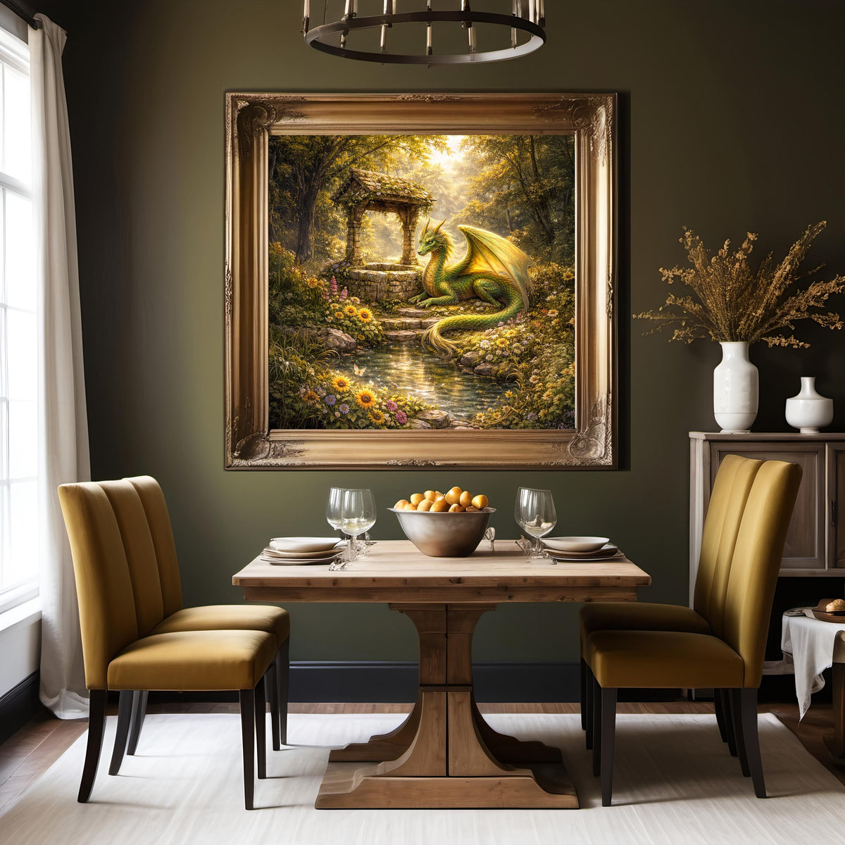 Golden Garden Dragon Art Print: Fantasy Oil Painting, Magical Wall Decor (Digital Download)