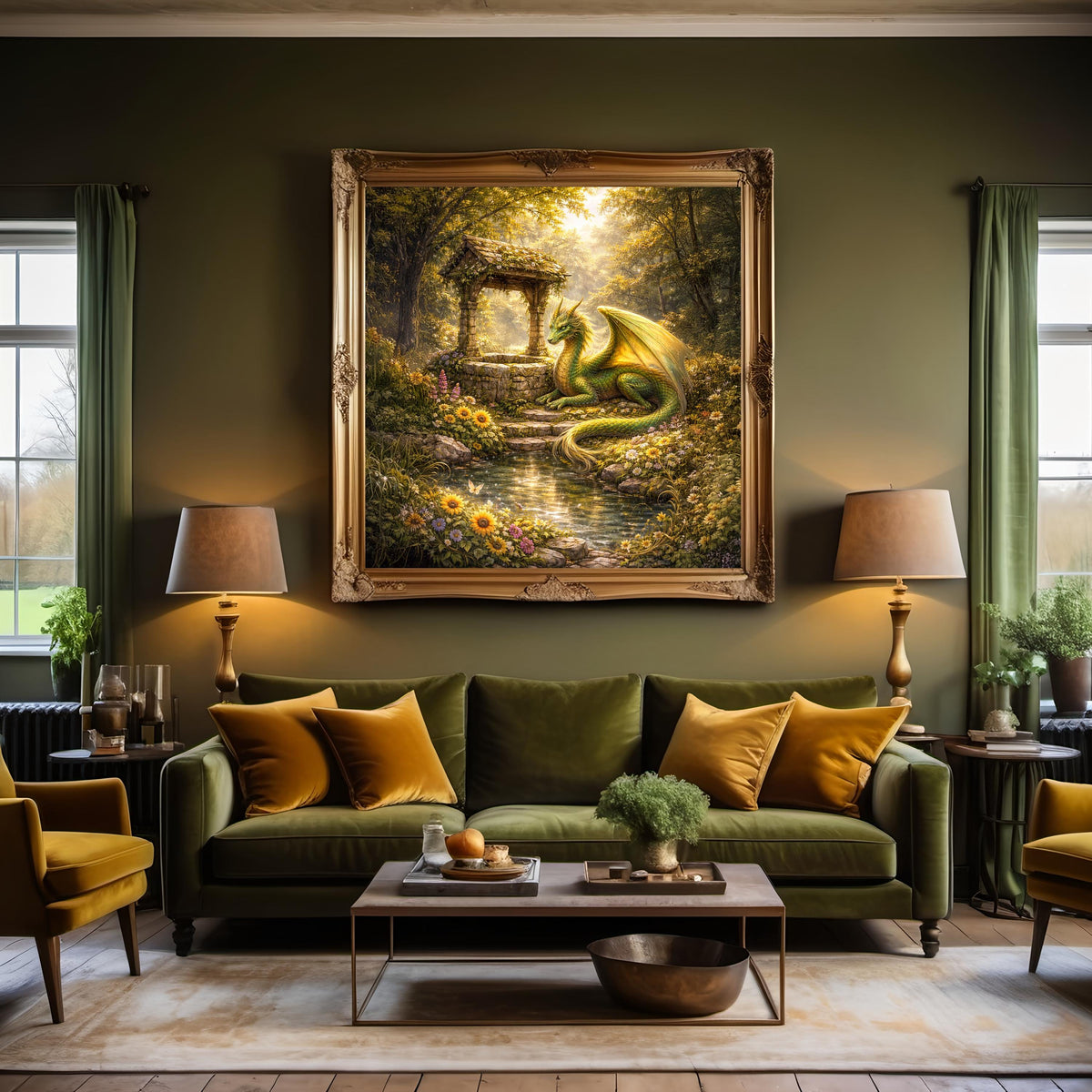 Golden Garden Dragon Art Print: Fantasy Oil Painting, Magical Wall Decor (Digital Download)