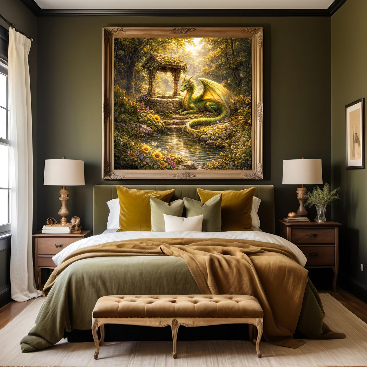 Golden Garden Dragon Art Print: Fantasy Oil Painting, Magical Wall Decor (Digital Download)