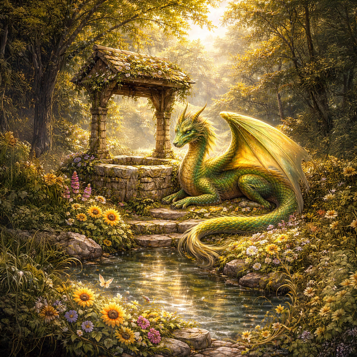 Golden Garden Dragon Art Print: Fantasy Oil Painting, Magical Wall Decor (Digital Download)