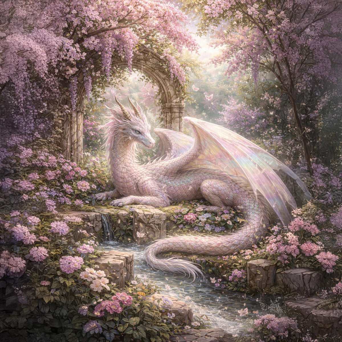Pastel Dragon Garden Art Print: Fantasy Dragon, Stone Arch, Floral Scene (Digital Download)