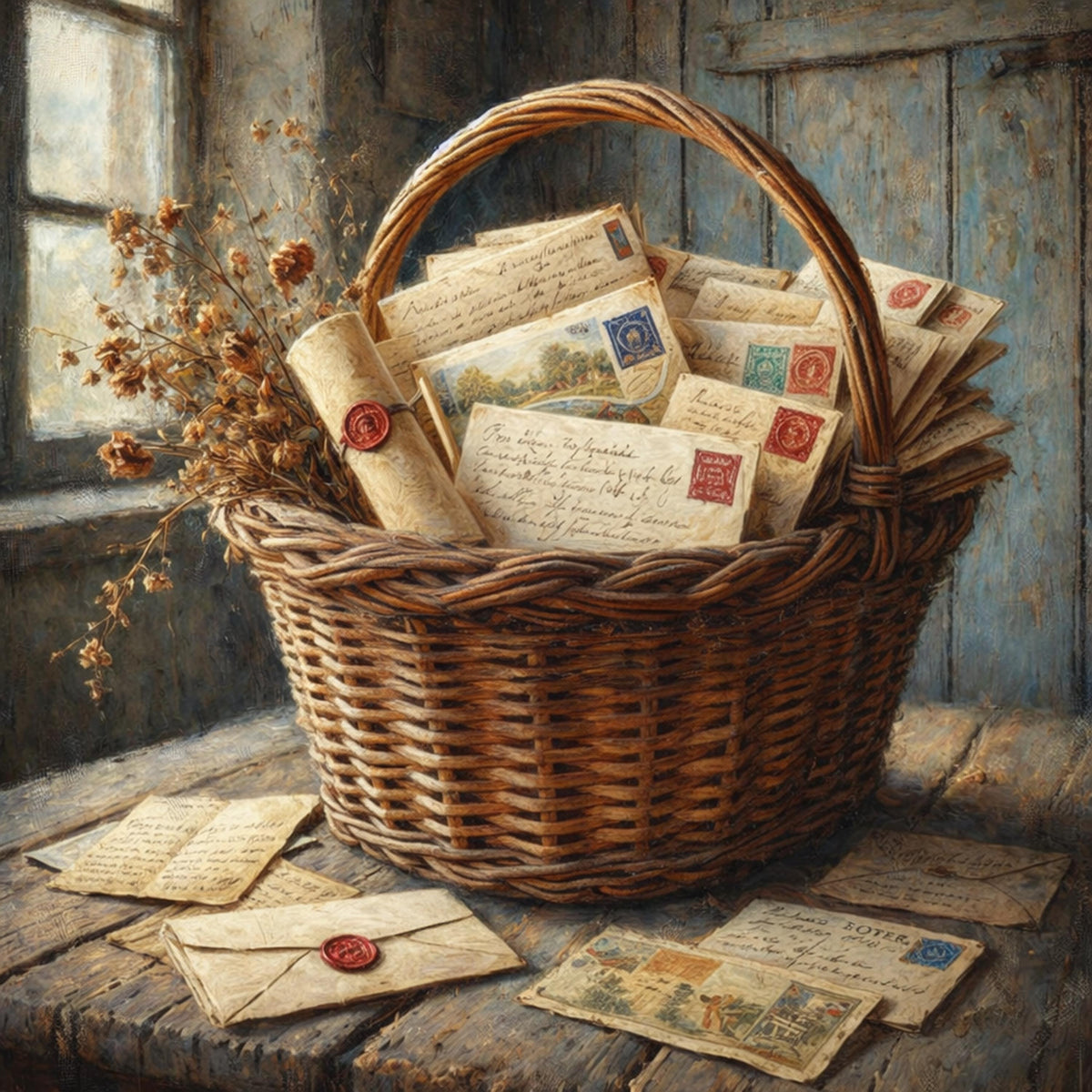 Vintage Letters Postcards Basket Art: Cozy Cottage Still Life Wall Decor (Digital Download)