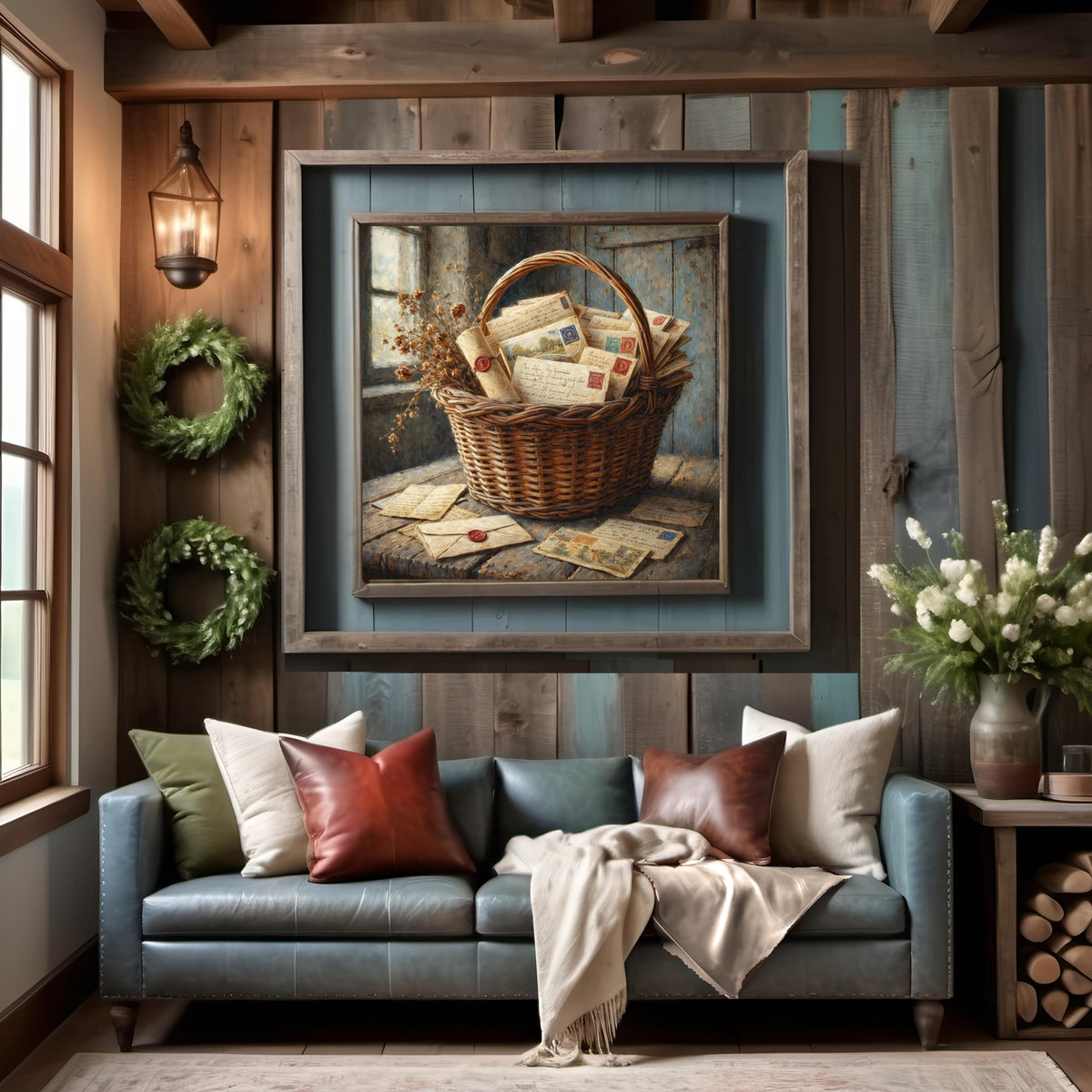 Vintage Letters Postcards Basket Art: Cozy Cottage Still Life Wall Decor (Digital Download)