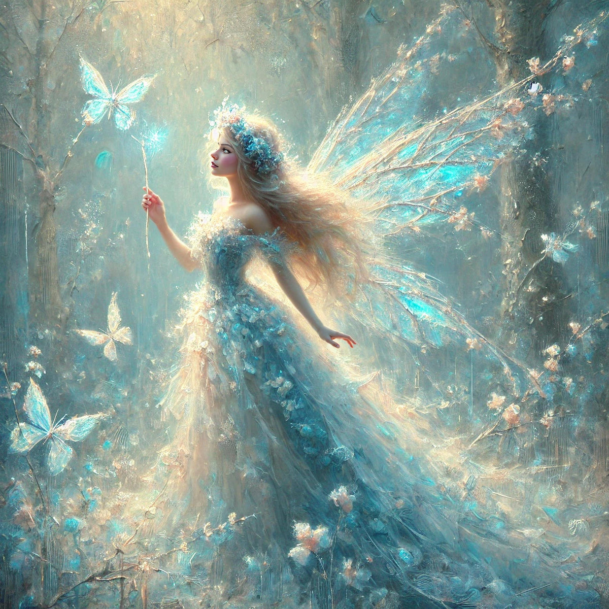 Powder Blue Butterfly Fairy Art Print: Enchanted Frost Fantasy Wall Decor (Digital Download)