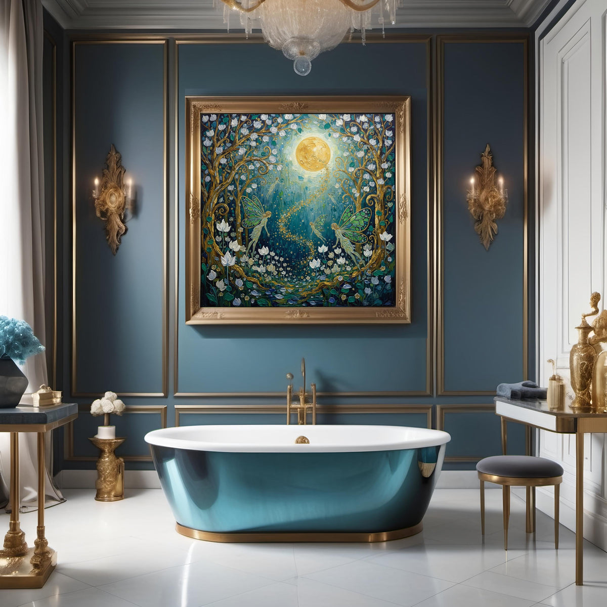Fairy Garden Art Print: Moonlit Enchanted Forest, Oil Painting Style (Digital Download)