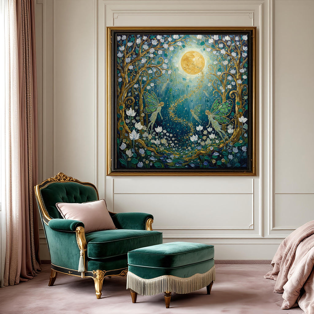 Fairy Garden Art Print: Moonlit Enchanted Forest, Oil Painting Style (Digital Download)
