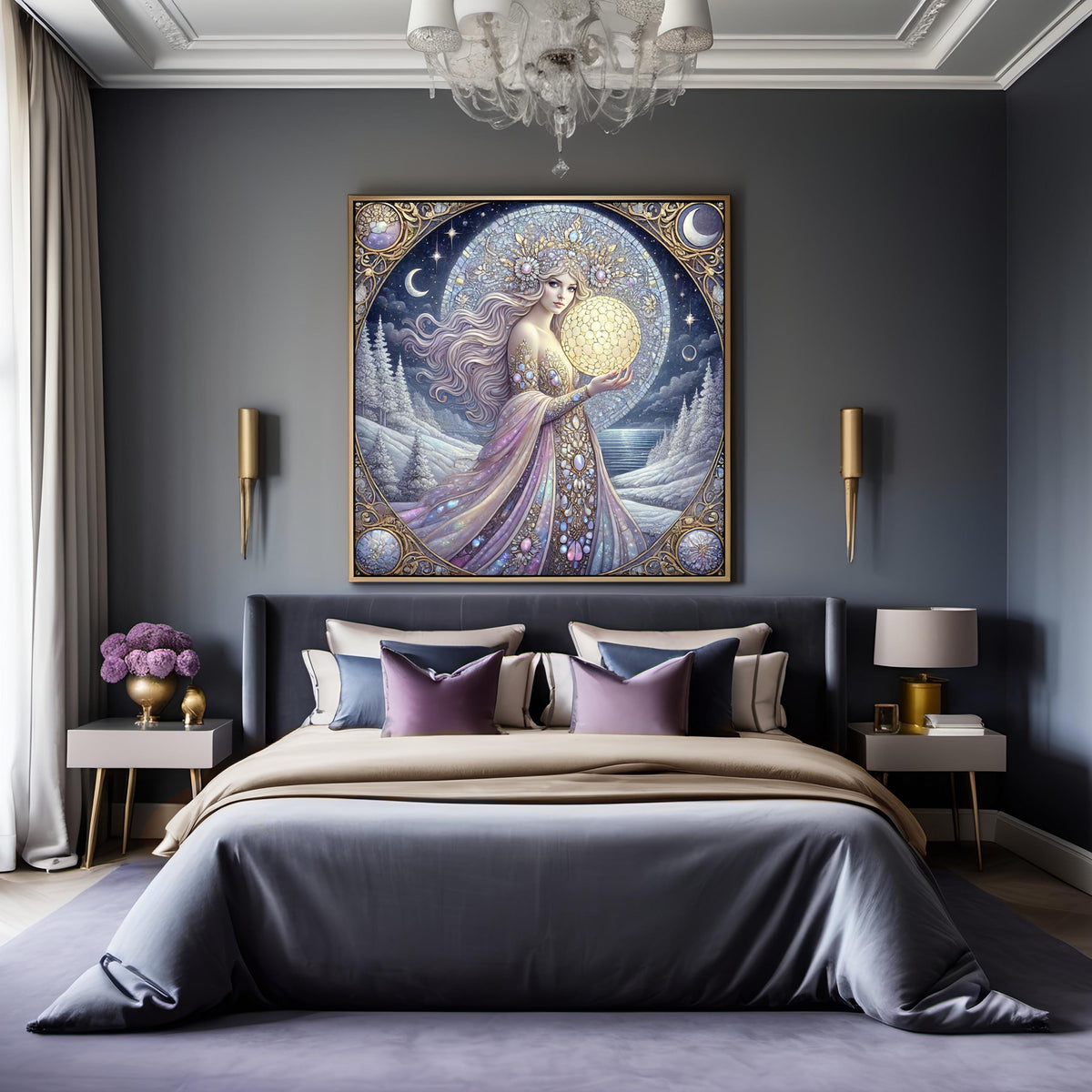 Gilded Nouveau Celestial Goddess Winter Art Print – Moon Woman Fantasy Wall Art (Digital Download)