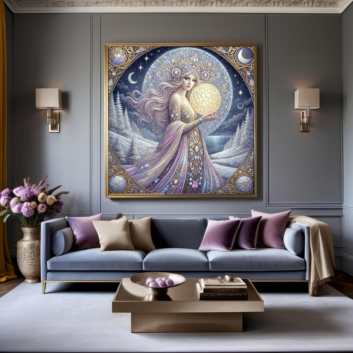 Gilded Nouveau Celestial Goddess Winter Art Print – Moon Woman Fantasy Wall Art (Digital Download)