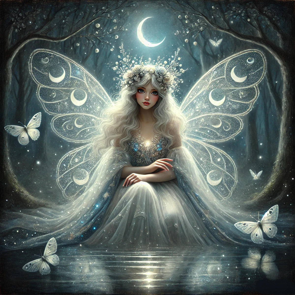 The Moonlight Fairy Painting: Ethereal Lunar Goddess Wall Art Enchanted Fantasy Night Decor (Digital Download)