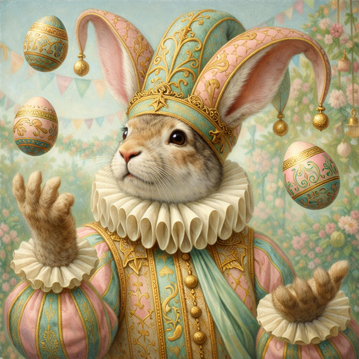 Vintage Easter Jester Rabbit Art Print Whimsical Bunny Juggling Eggs (Digital Download)