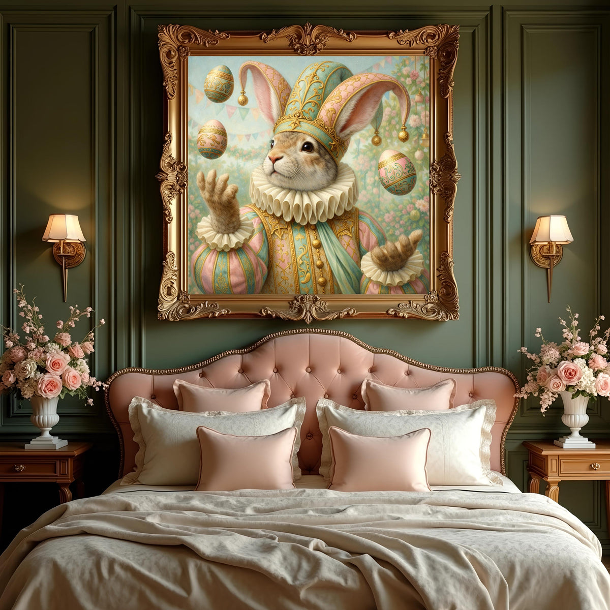 Vintage Easter Jester Rabbit Art Print Whimsical Bunny Juggling Eggs (Digital Download)