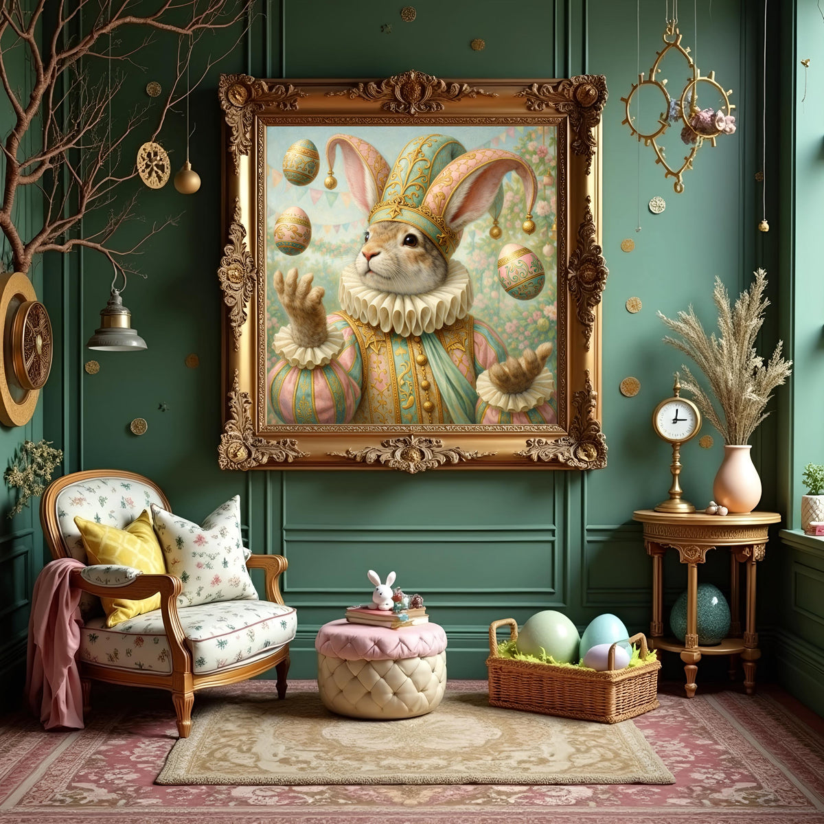 Vintage Easter Jester Rabbit Art Print Whimsical Bunny Juggling Eggs (Digital Download)