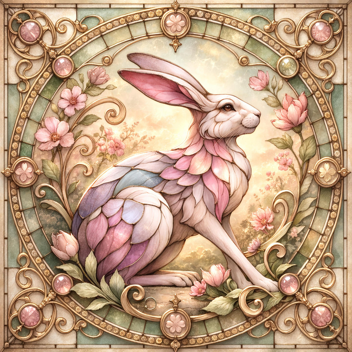 Art Nouveau Easter Bunny Stained Glass Print: Pastel Floral Cottagecore Wall Art (Digital Download)