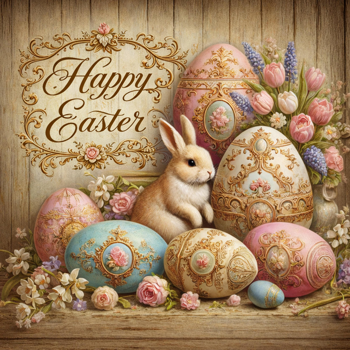 Vintage Bunny Easter Eggs Wall Art: Oil Painting Style Digital Print (Digital Download)