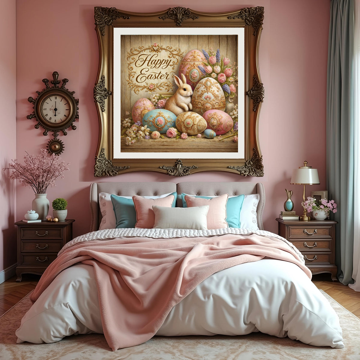 Vintage Bunny Easter Eggs Wall Art: Oil Painting Style Digital Print (Digital Download)