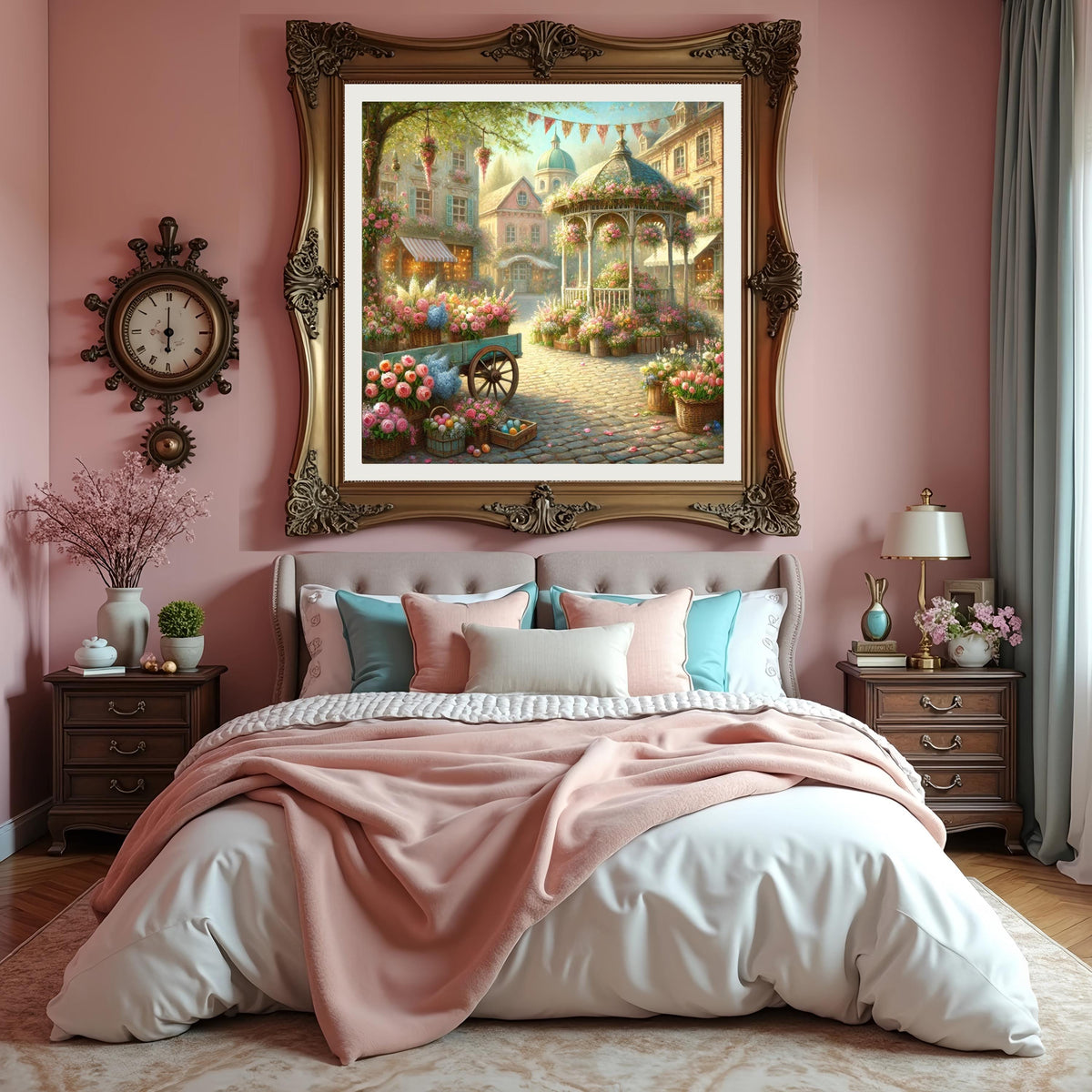 Vintage Impressionist Oil Painting: Spring Flower Market Gazebo, Cottagecore Art (Digital Download)